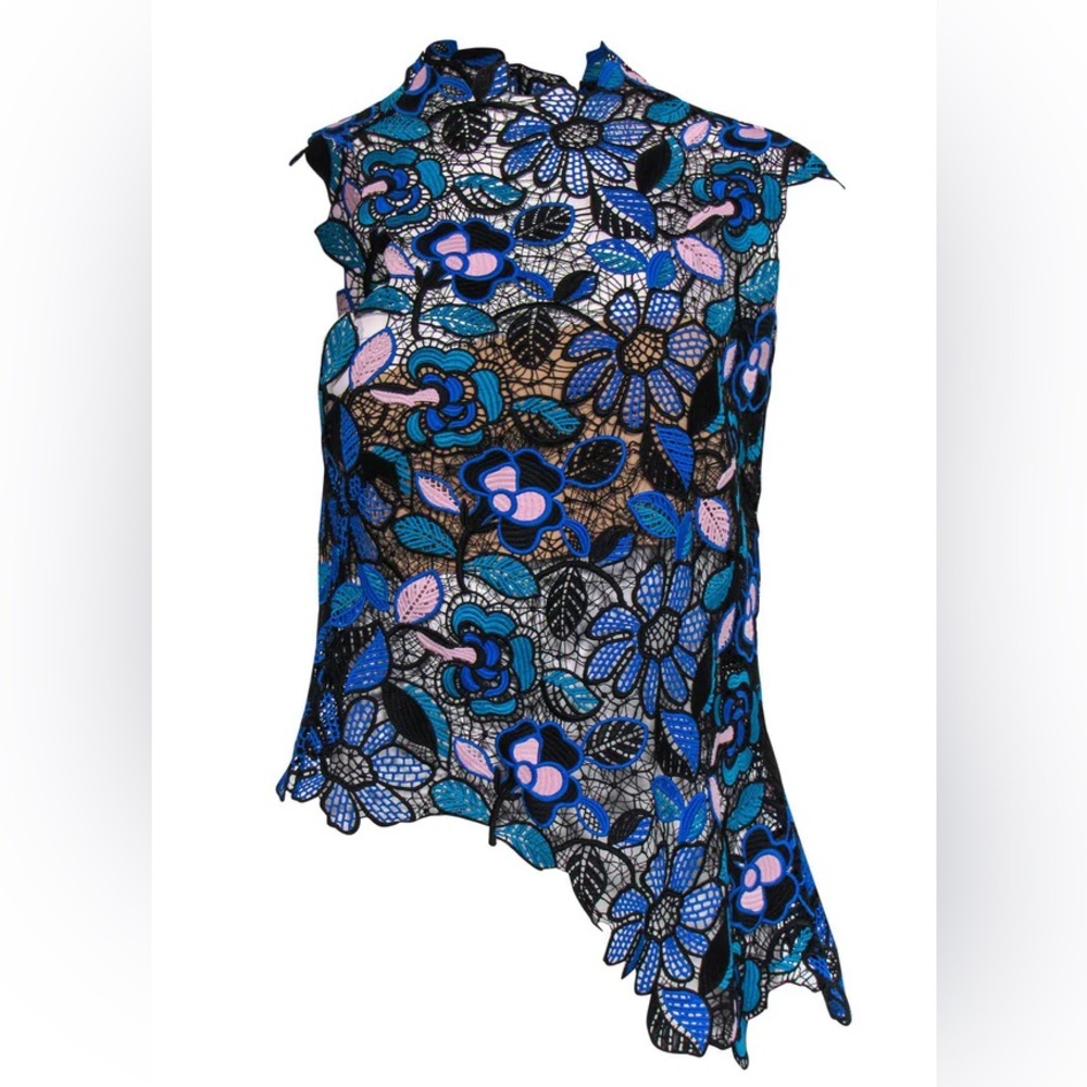 Self-Portrait Lace Asymmetrical Top, Cobalt Blue, Size S